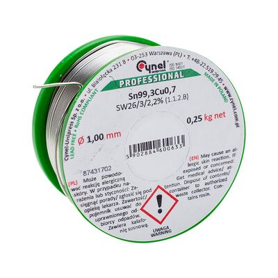 Cyna bezołowiowa Sn99,3Cu0,7 topnik SW26 1,0 mm 250 g szpulka Cynel