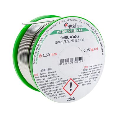 Cyna bezołowiowa Sn99,3Cu0,7 topnik SW26 1,5 mm 250 g szpulka Cynel