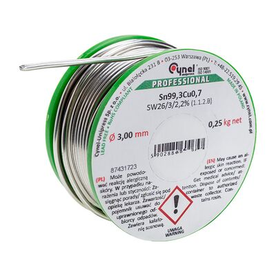 Cyna bezołowiowa Sn99,3Cu0,7, topnik SW26 3,0 mm, 100 g szpulka Cynel