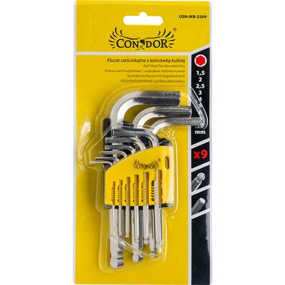 Klucz sześciokątny z końcówką kulistą 1,5-10 mm komplet 9 szt. Drel