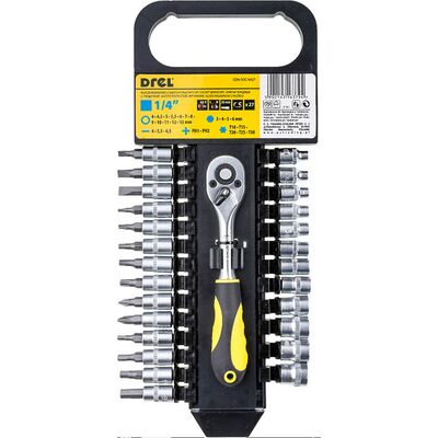 Klucz nasadowy z grzechotką 1/4'' 4,0-13 mm komplet 27 szt. Drel
