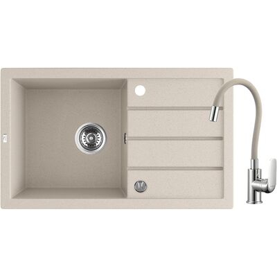 Zlewozmywak granitowy TRZYNASTKA 1 komora z ociekaczem 48 x 79 cm z syfonem i baterią elastyczną beż