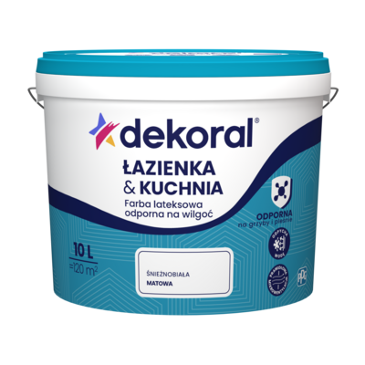 Farba lateksowa odporna na wilgoć ŁAZIENKA  KUCHNIA Śnieżnobiała 10 l Dekoral