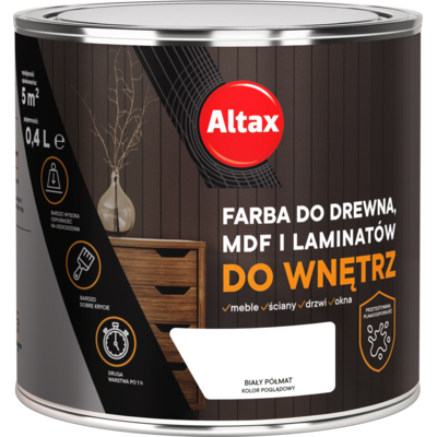 Farba do drewna, mdf, laminat 400 ml biały półmat ALTAX