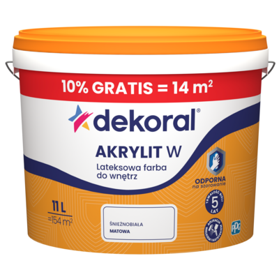Farba lateksowa do wnętrz AKRYLIT W Śnieżnobiała 10 l plus 10% Dekoral
