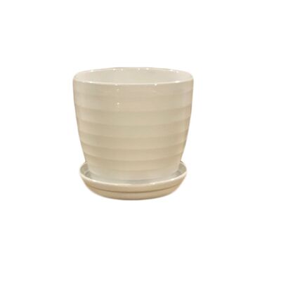 Doniczka Wave 18 cm ceramiczna ecru z podstawką