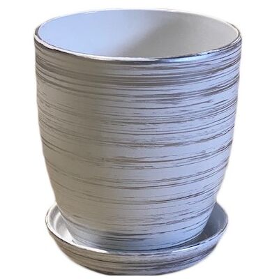 Doniczka Classic wysoka 16 cm ceramiczna biało-srebrna z podstawką