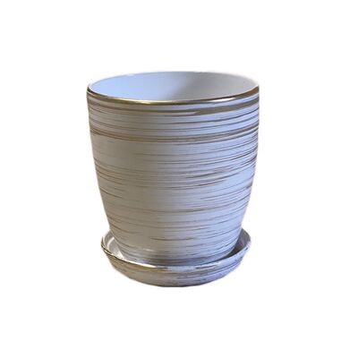 Doniczka Classic wysoka 16 cm ceramiczna biało-złota z podstawką