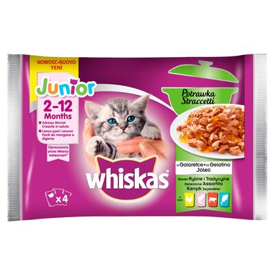 Karma dla kotów Junior pełnoporcjowa potrawka w galaretce smaki rybne i tradycyjne 340 g (4 x 85 g) Whiskas