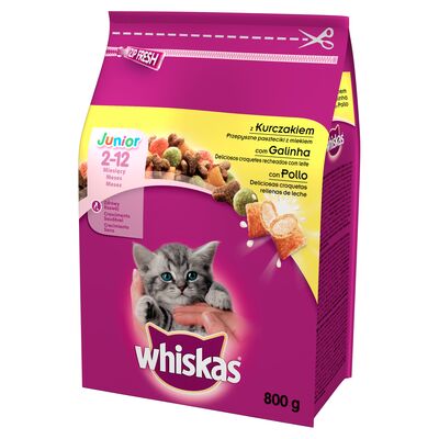 Karma dla kotów Junior pełnoporcjowa z kurczakiem przepyszne paszteciki z mlekiem 2-12 miesięcy 800 g Whiskas