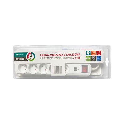 Listwa ochronna z wyłącznikiem 5 gniazd 2 x USB biała 1,5 m