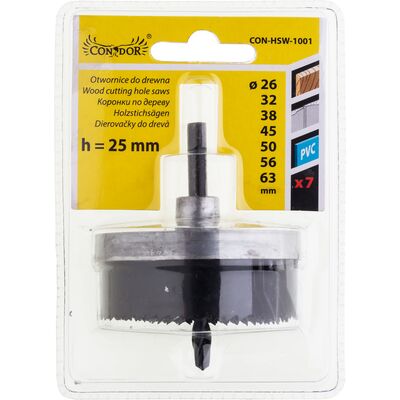 Otwornica do drewna 26 - 63 mm h 25 mm, zestaw: 7 sztuk Condor