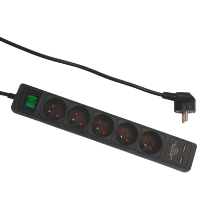 Przedłużacz 5-gniazdowy + 2 x USB 2,4 A i łącznikiem 1,4 m grafitowy