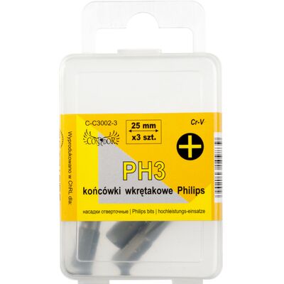 Końcówka krzyżowa PH3 x 25 mm, zestaw: 3 sztuki Condor