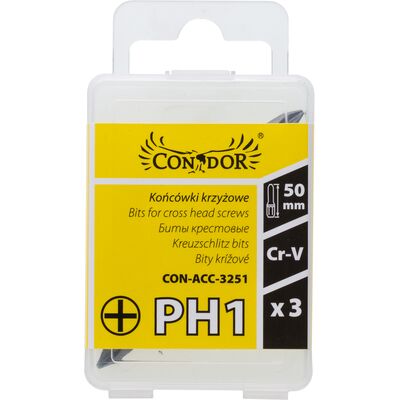 Końcówka krzyżowa PH1 x 50 mm, zestaw: 3 sztuki Condor