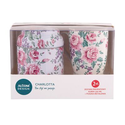 Zestaw prezentowy kubek porcelanowy Charlotta 300 ml jasny z puszką 9 x 11,5 cm