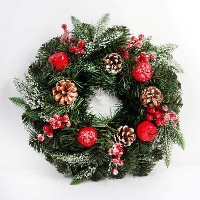Wianek dekorowany z szyszkami, jarzębiną i jabłuszkami, z dodatkiem ośnieżonych gałązek 40 cm
