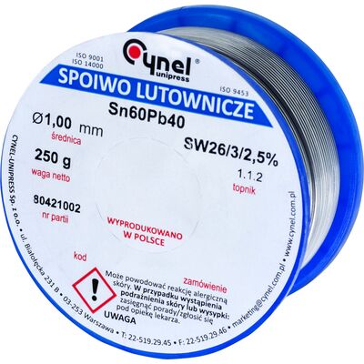 Spoiwo lutownicze z topnikiem 60% 1 mm szpulka 0,25 kg Sn60Pb40 Cynel
