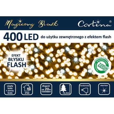 Lampki 400 LED zewnętrzne na transformator ciepły biały flash zimny biały Cortina