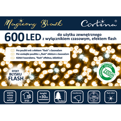 Lampki 600 LED zewnętrzne na transformator ciepły biały flash zimny biały timer Cortina