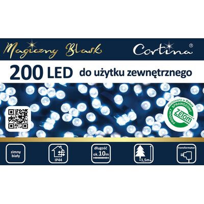 Lampki 200 LED zewnętrzne na transformator zimny biały Cortina
