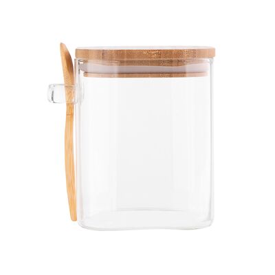 Pojemnik kwadratowy Borosilikat 800 ml z bambusową pokrywką i łyżeczką