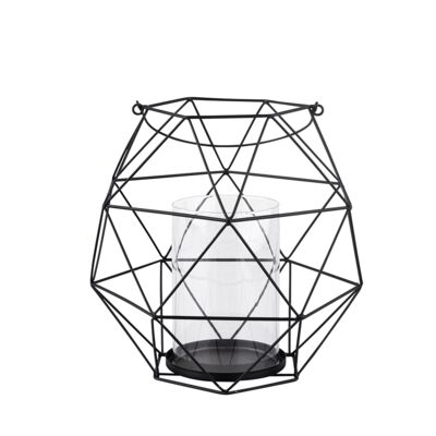 Świecznik metalowy geometryczny z uchwytem i szklanym wkładem 22 x 22 x 22 cm czarny