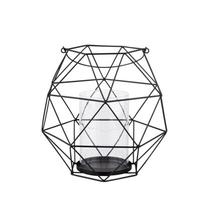 Świecznik metalowy geometryczny z uchwytem i szklanym wkładem 22 x 22 x 22 cm czarny