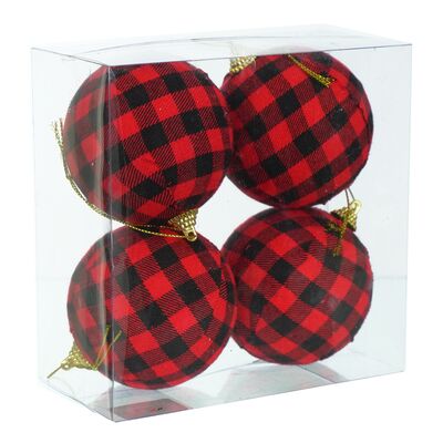 Bombki plastikowe 8 cm czerwono-czarna krata 4 sztuki