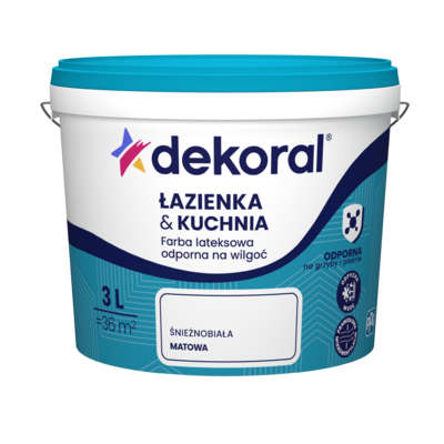 Farba lateksowa odporna na wilgoć ŁAZIENKA  KUCHNIA Śnieżnobiała 3 l Dekoral