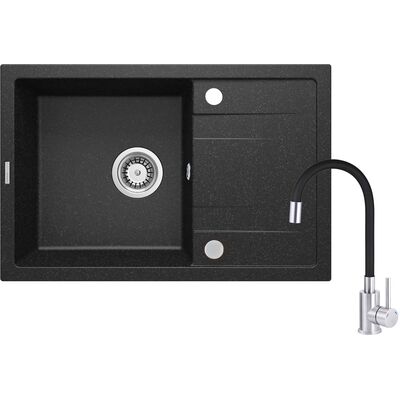 Set zlewozmywak granitowy ZRC 2113 grafit+bateria z giętą wylewką BME 024N chrom+osprzęt