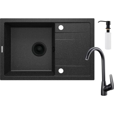 Set zlewozmywak granitowy ZRC 2113 grafit+bateria z wylewką U BMO N62M nero+osprzęt nero+dozownik