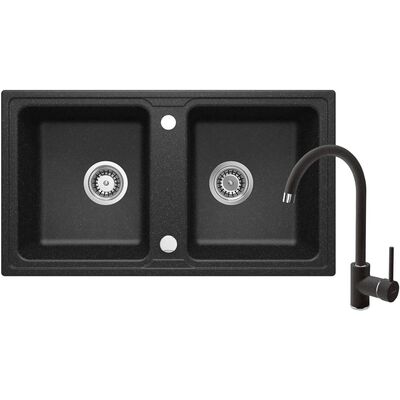 Zlewozmywak ZORBA grafitowy granit 2K B/O 780 x 435 x 180 mm 3,5" + osprzęt PLUS bateria NEMEZJA z wylewką "U"