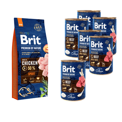 Karma dla psa Adult SPORT 15 kg + karma mokra Beef  Tripe 6x400 g Brit Premium by Nature