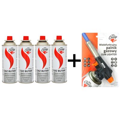 Kartusz gaz butan 4 sztuki + palnik pistoletowy Mr. Camp