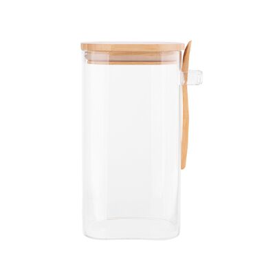 Pojemnik kwadratowy Borosilikat 1200 ml z bambusową pokrywką i łyżeczką