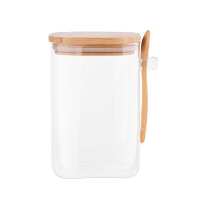 Pojemnik kwadratowy Borosilikat 1000 ml z bambusową pokrywką i łyżeczką